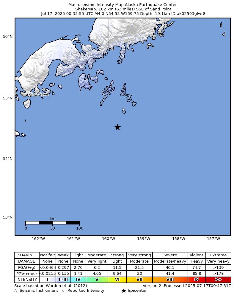 USGS ShakeMap: estimated shaking intensity around the epicenter