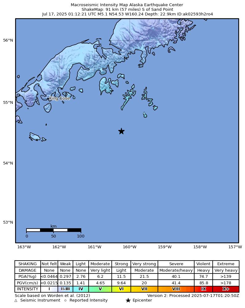 USGS ShakeMap: estimated shaking intensity around the epicenter