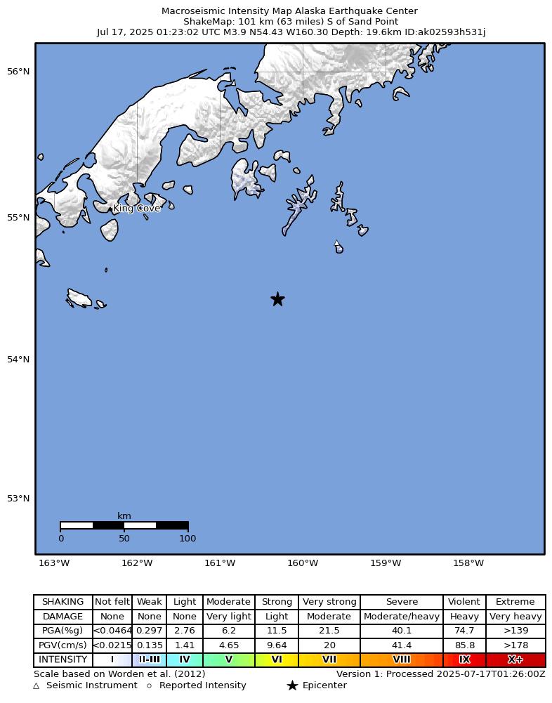 USGS ShakeMap: estimated shaking intensity around the epicenter