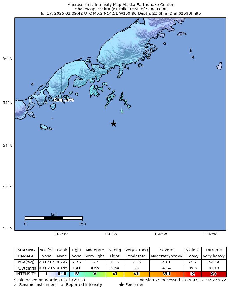 USGS ShakeMap: estimated shaking intensity around the epicenter