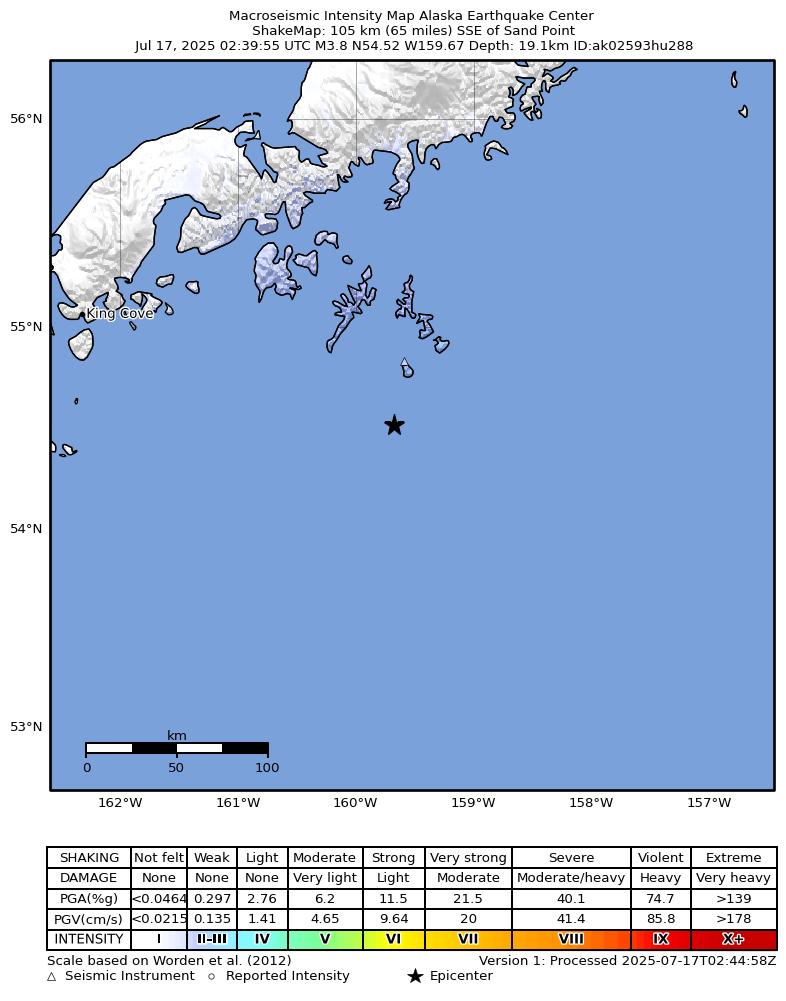 USGS ShakeMap: estimated shaking intensity around the epicenter