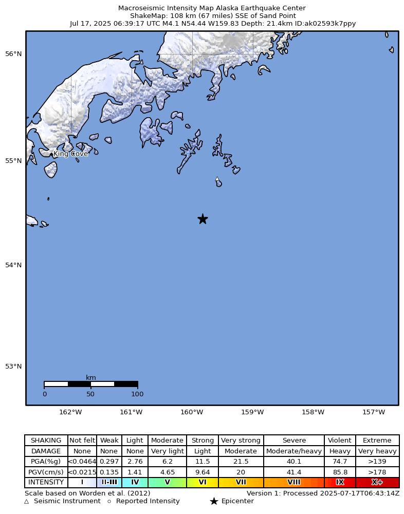 USGS ShakeMap: estimated shaking intensity around the epicenter