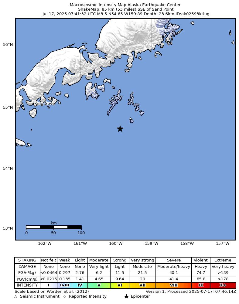 USGS ShakeMap: estimated shaking intensity around the epicenter