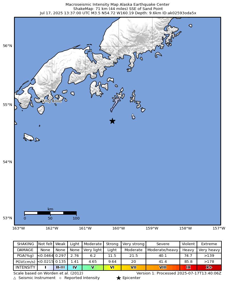 USGS ShakeMap: estimated shaking intensity around the epicenter