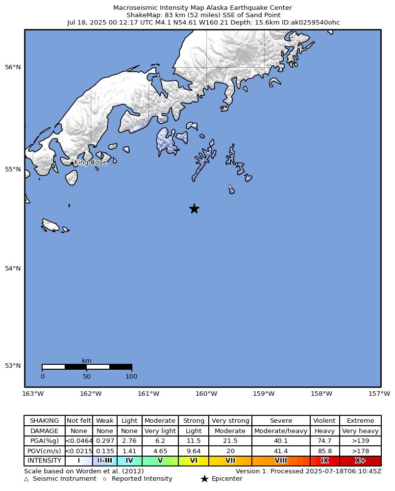 USGS ShakeMap: estimated shaking intensity around the epicenter