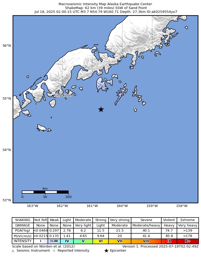 USGS ShakeMap: estimated shaking intensity around the epicenter