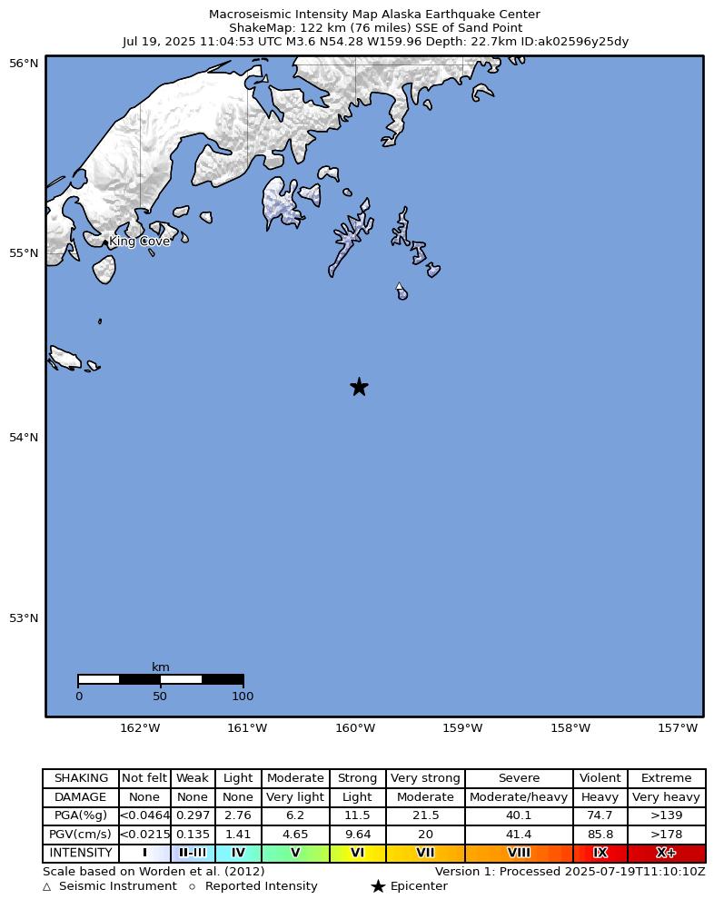USGS ShakeMap: estimated shaking intensity around the epicenter