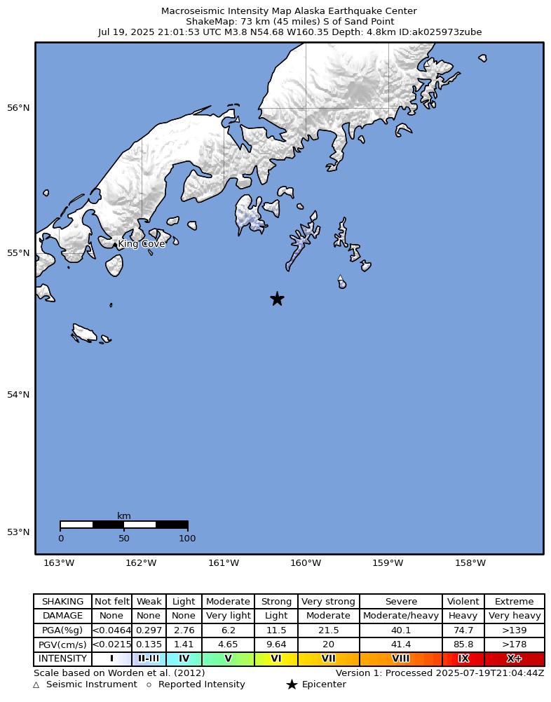 USGS ShakeMap intensity contours for the M3.7 earthquake near 127 km SSE of Sand Point, Alaska