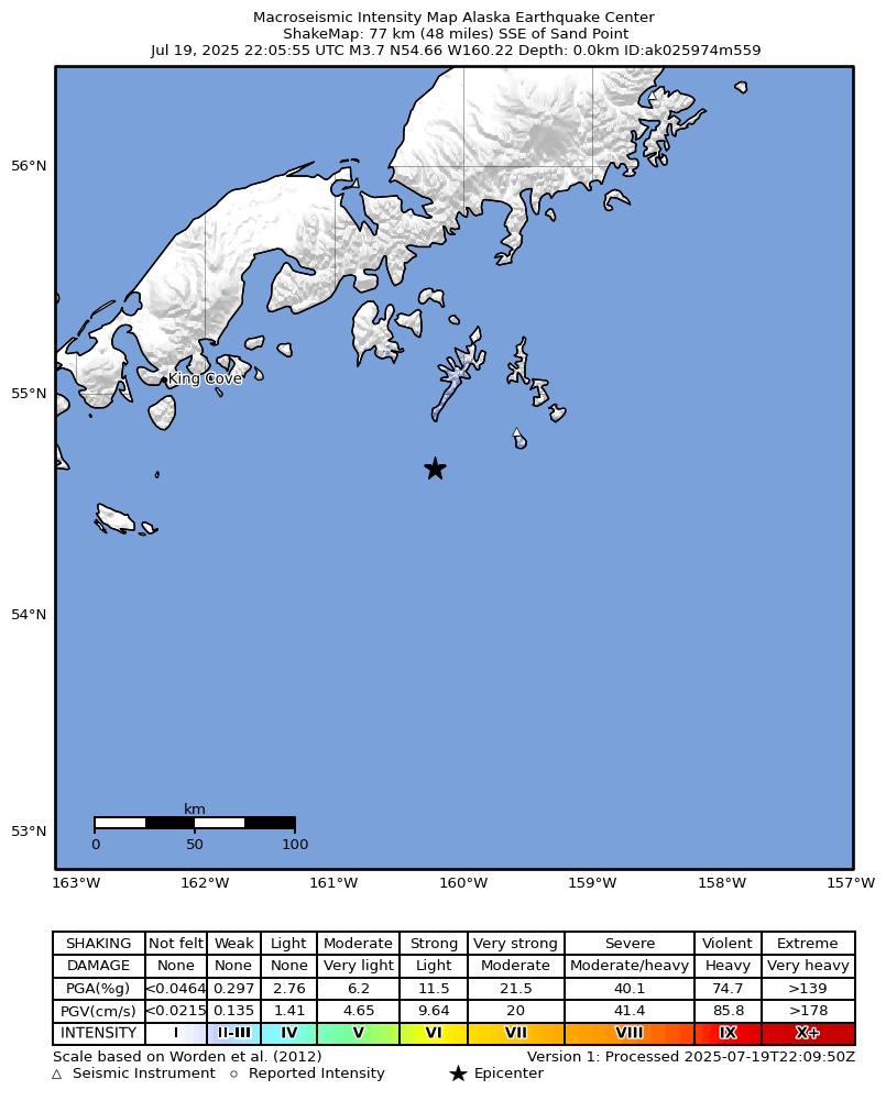 USGS ShakeMap intensity contours for the M3.6 earthquake near 85 km SSE of Sand Point, Alaska