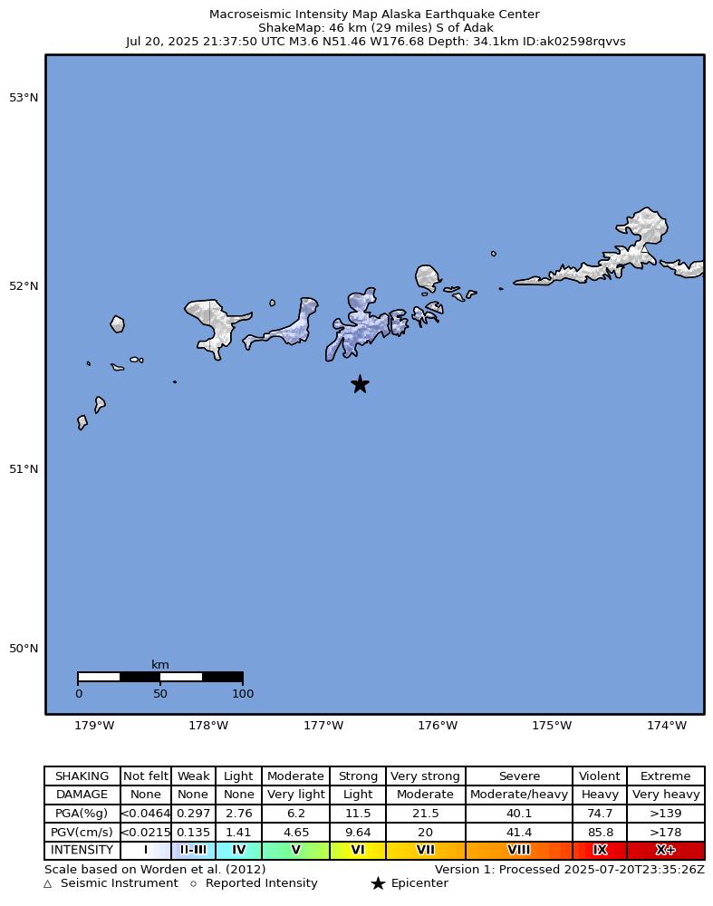 USGS ShakeMap: estimated shaking intensity around the epicenter