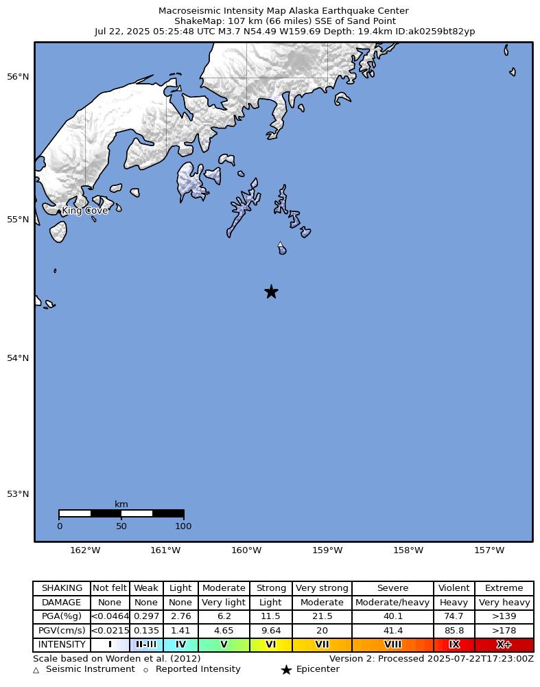 USGS ShakeMap: estimated shaking intensity around the epicenter