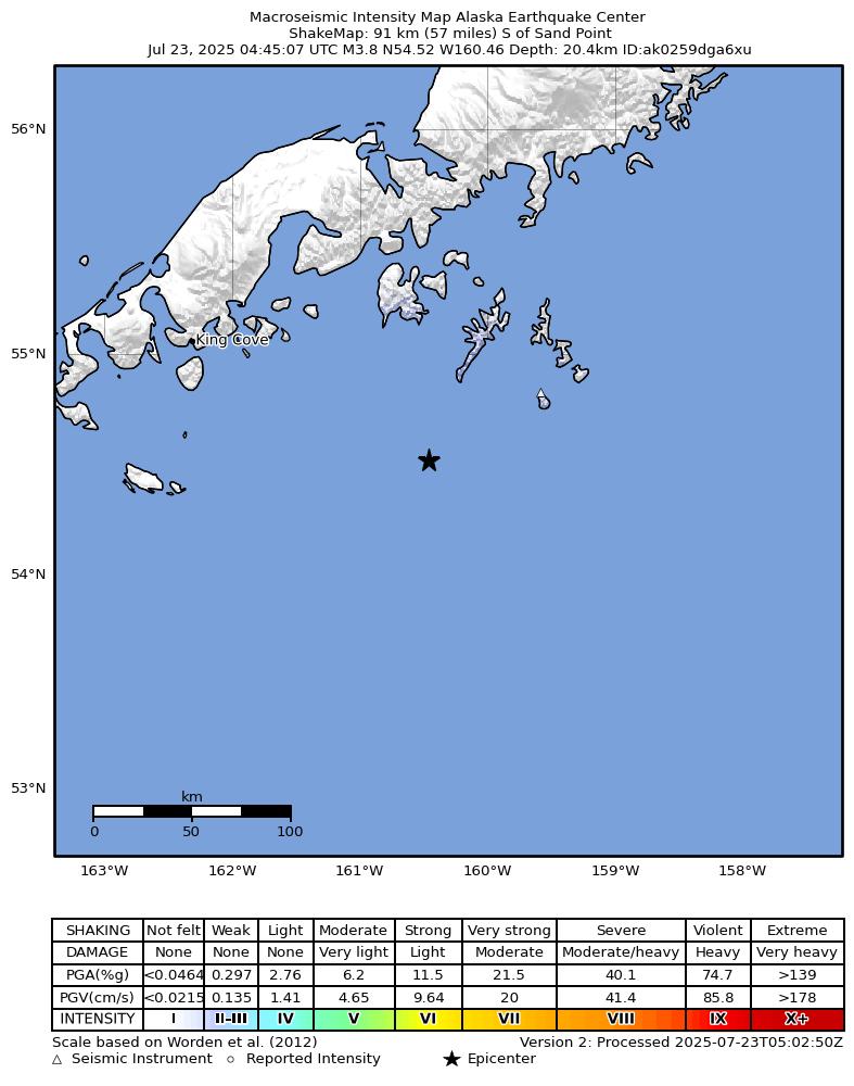 USGS ShakeMap: estimated shaking intensity around the epicenter