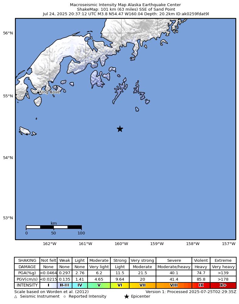 USGS ShakeMap intensity contours for the M4.2 earthquake near 110 km SSE of Sand Point, Alaska