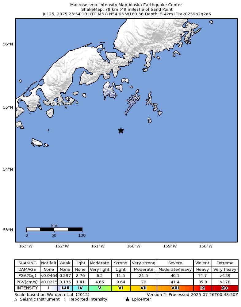 USGS ShakeMap intensity contours for the M3.8 earthquake near 95 km SSE of Sand Point, Alaska