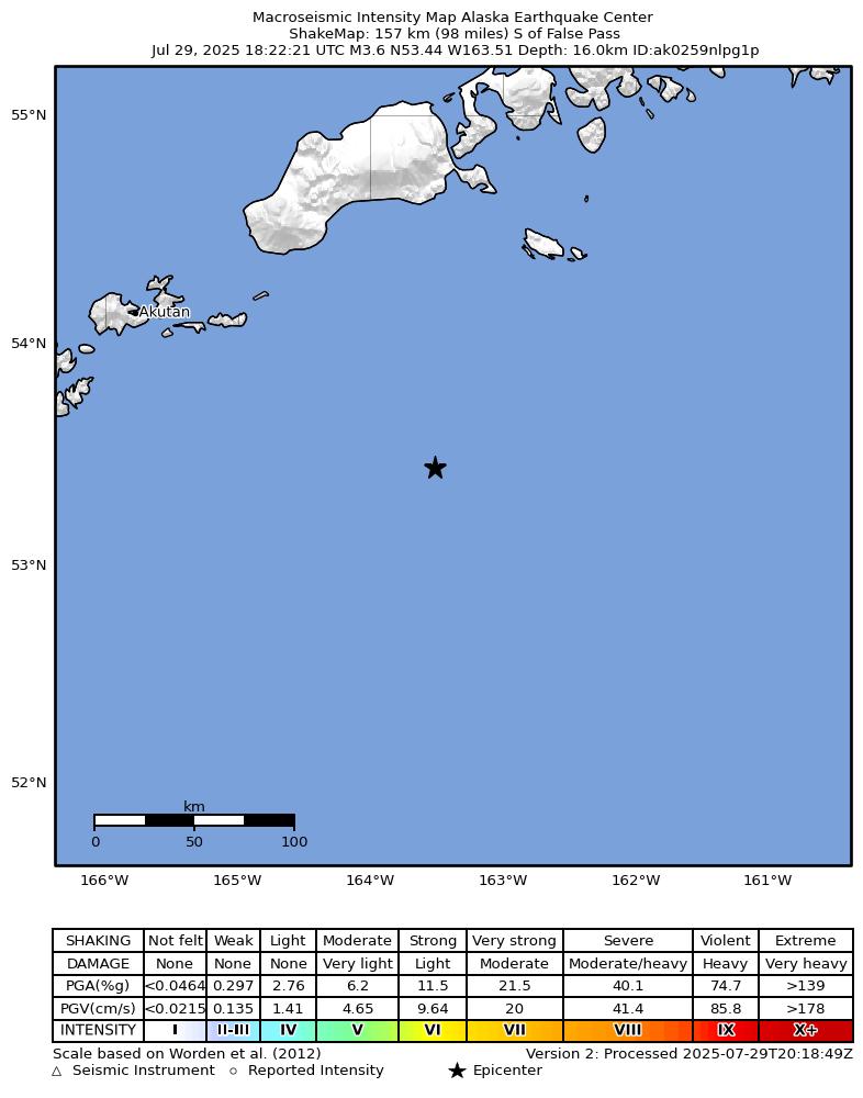 USGS ShakeMap: estimated shaking intensity around the epicenter
