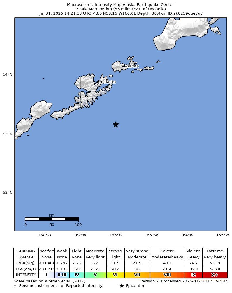 USGS ShakeMap: estimated shaking intensity around the epicenter