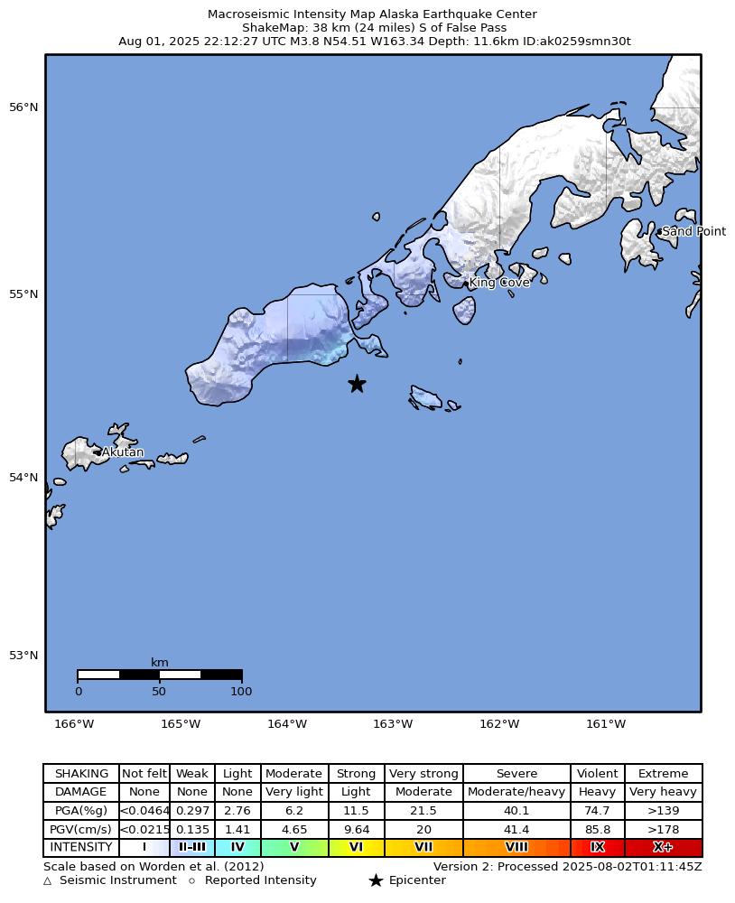 USGS ShakeMap intensity contours for the M3.7 earthquake near 51 km S of False Pass, Alaska