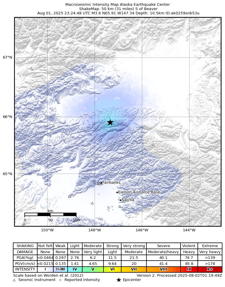 USGS ShakeMap intensity contours for the M3.7 earthquake near 46 km S of Beaver, Alaska