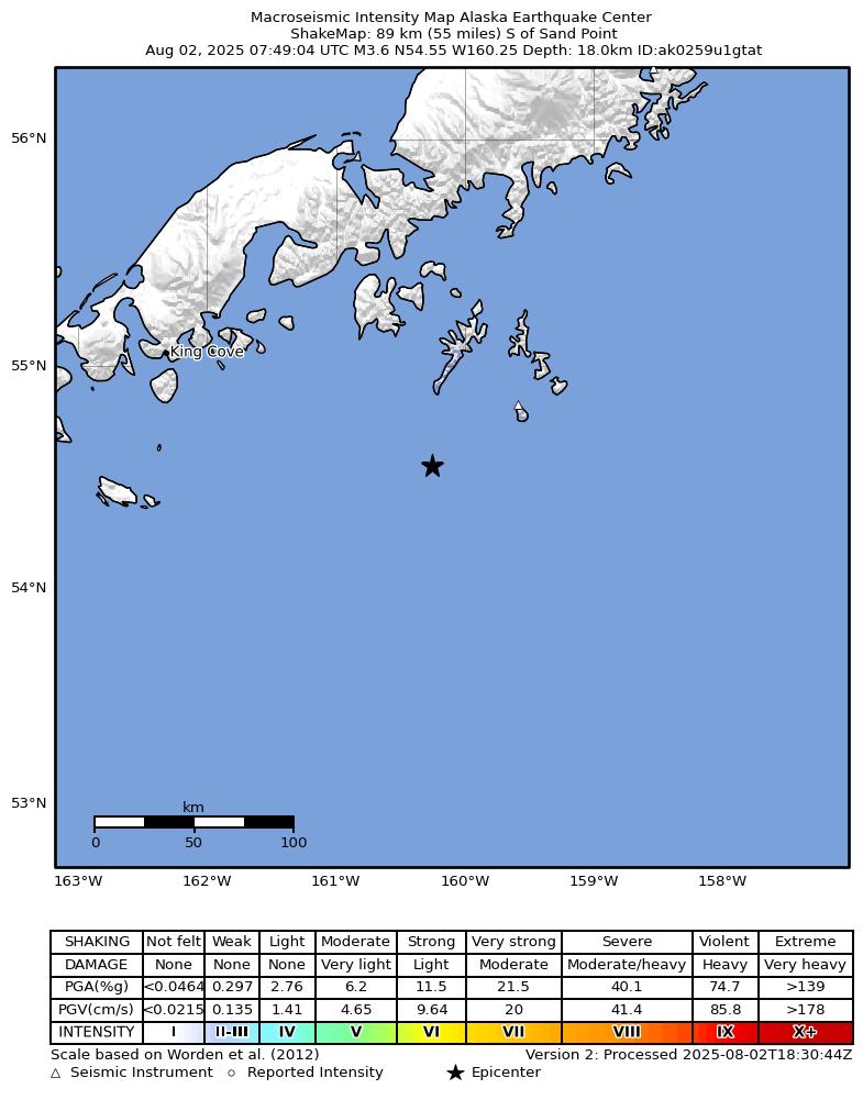 USGS ShakeMap: estimated shaking intensity around the epicenter