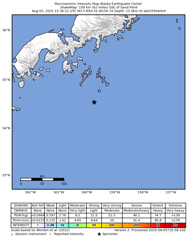 USGS ShakeMap: estimated shaking intensity around the epicenter