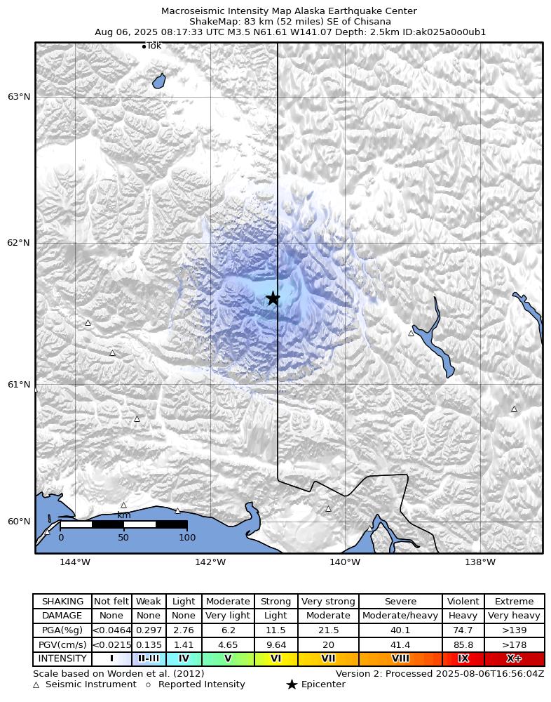 USGS ShakeMap: estimated shaking intensity around the epicenter