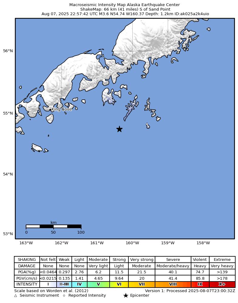 USGS ShakeMap intensity contours for the M3.5 earthquake near 71 km S of Sand Point, Alaska