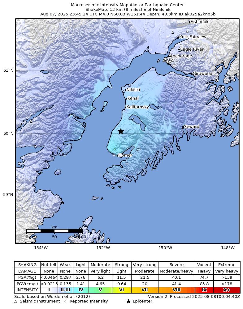 USGS ShakeMap intensity contours for the M4.0 earthquake near 13 km ESE of Ninilchik, Alaska