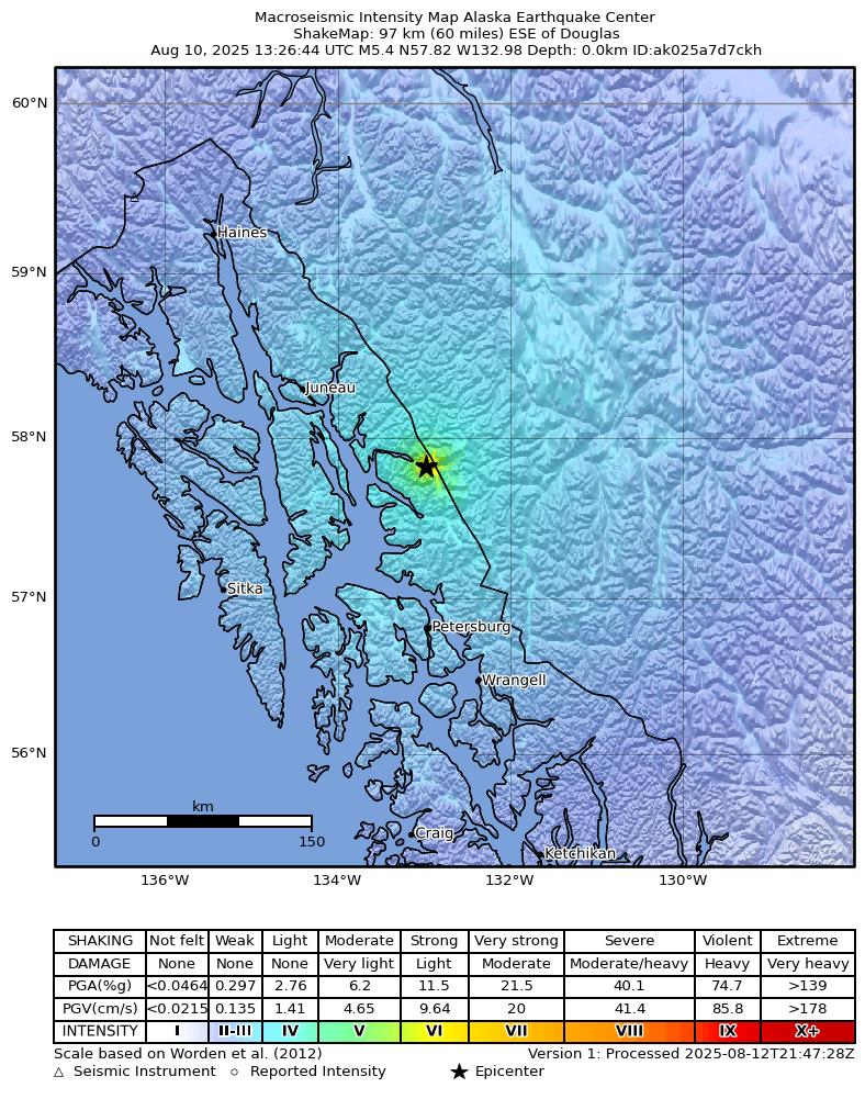 USGS ShakeMap intensity contours for the M5.4 earthquake near 44 km NNE of Hobart Bay, Alaska
