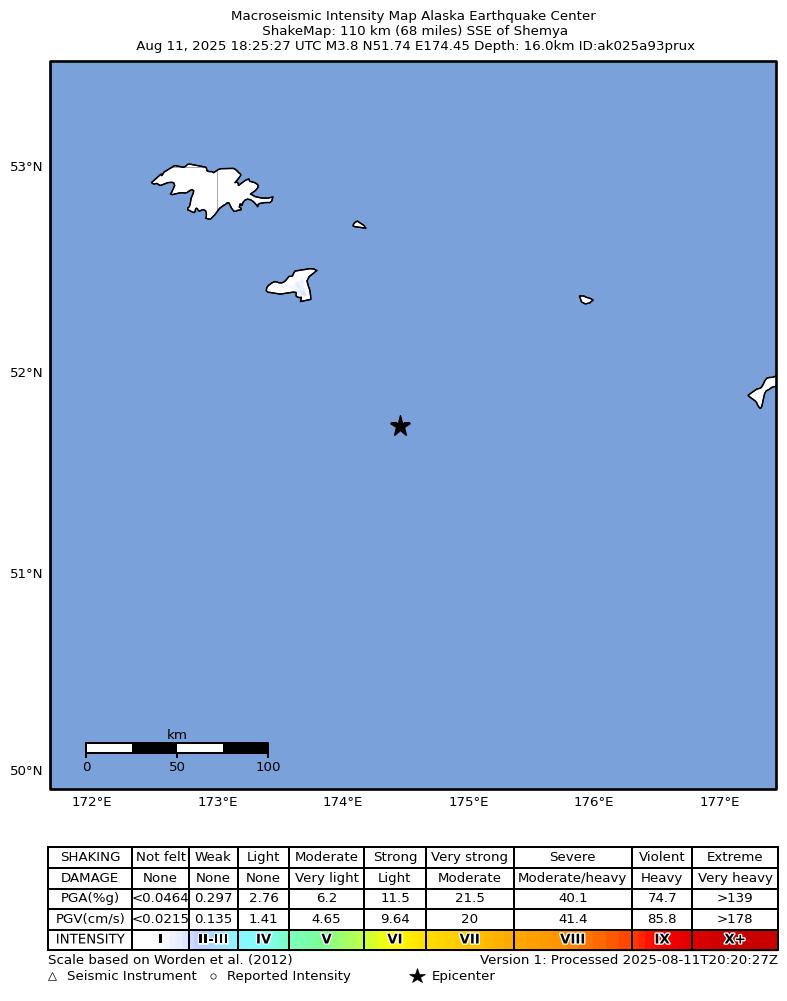 USGS ShakeMap intensity contours for the M4.2 earthquake near 110 km SE of Attu Station, Alaska