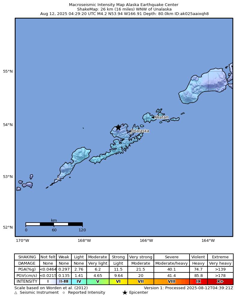 USGS ShakeMap: estimated shaking intensity around the epicenter
