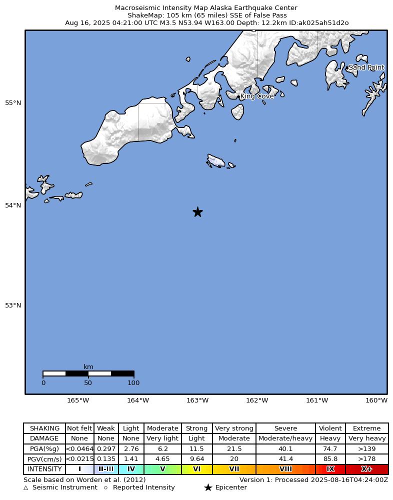 USGS ShakeMap: estimated shaking intensity around the epicenter