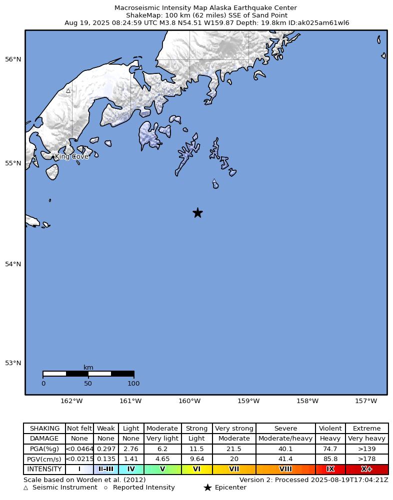 USGS ShakeMap: estimated shaking intensity around the epicenter