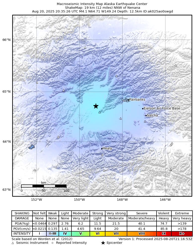 USGS ShakeMap intensity contours for the M4.2 earthquake near 15 km N of Four Mile Road, Alaska