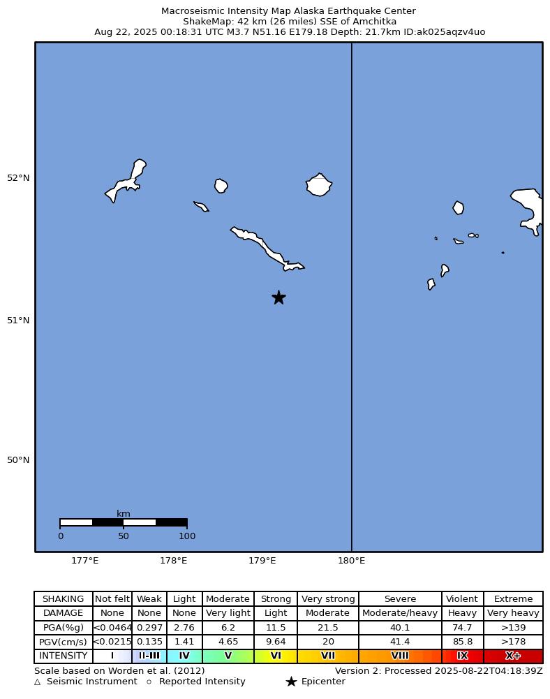 USGS ShakeMap: estimated shaking intensity around the epicenter