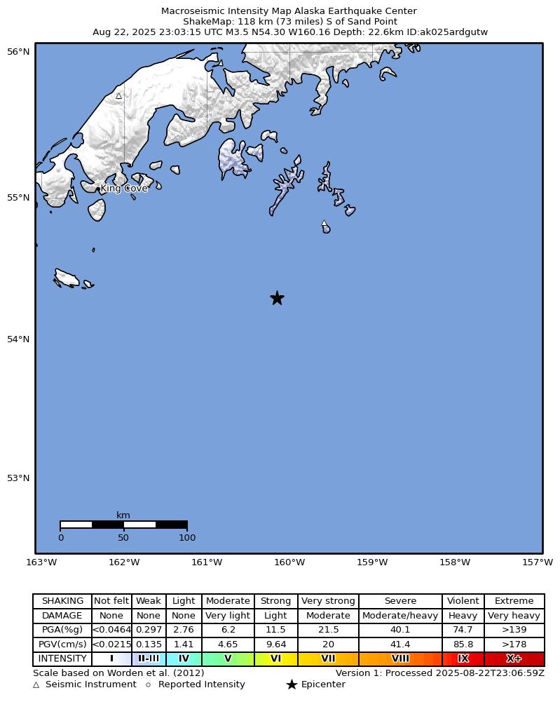USGS ShakeMap intensity contours for the M3.3 earthquake near 91 km SSE of Sand Point, Alaska