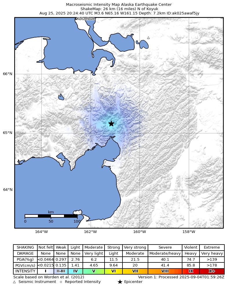 USGS ShakeMap intensity contours for the M3.6 earthquake near 24 km N of Koyuk, Alaska