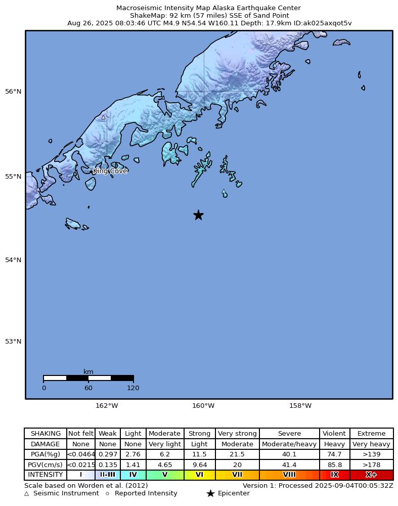 USGS ShakeMap intensity contours for the M5.0 earthquake near 103 km SSE of Sand Point, Alaska
