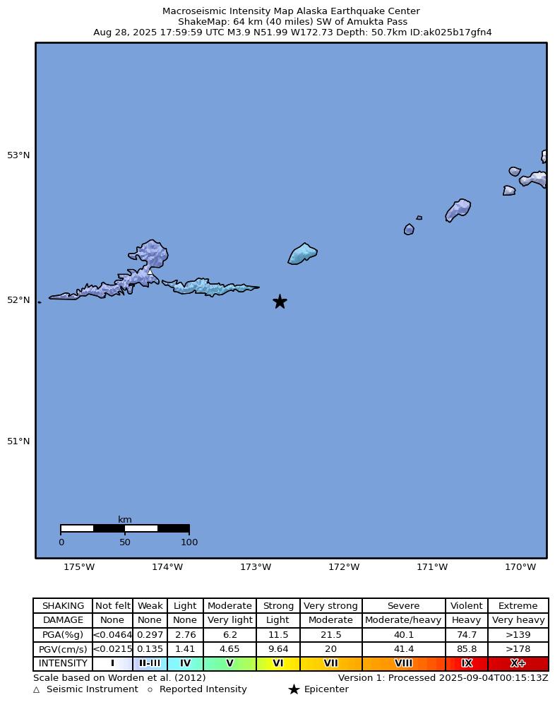 USGS ShakeMap intensity contours for the M3.8 earthquake near 105 km ESE of Atka, Alaska