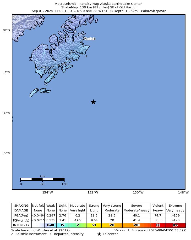 USGS ShakeMap intensity contours for the M5.6 earthquake near 133 km SE of Old Harbor, Alaska