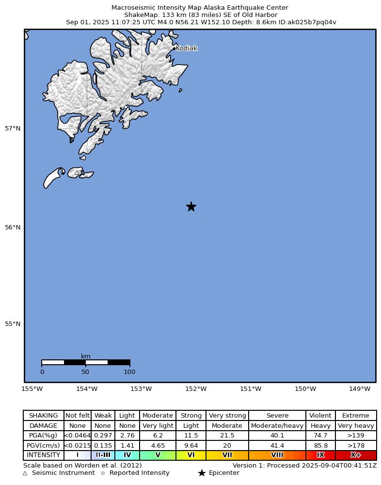 USGS ShakeMap intensity contours for the M4.7 earthquake near 134 km SSE of Old Harbor, Alaska