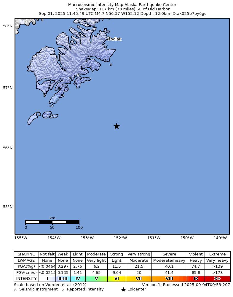 USGS ShakeMap intensity contours for the M4.9 earthquake near 128 km SE of Old Harbor, Alaska