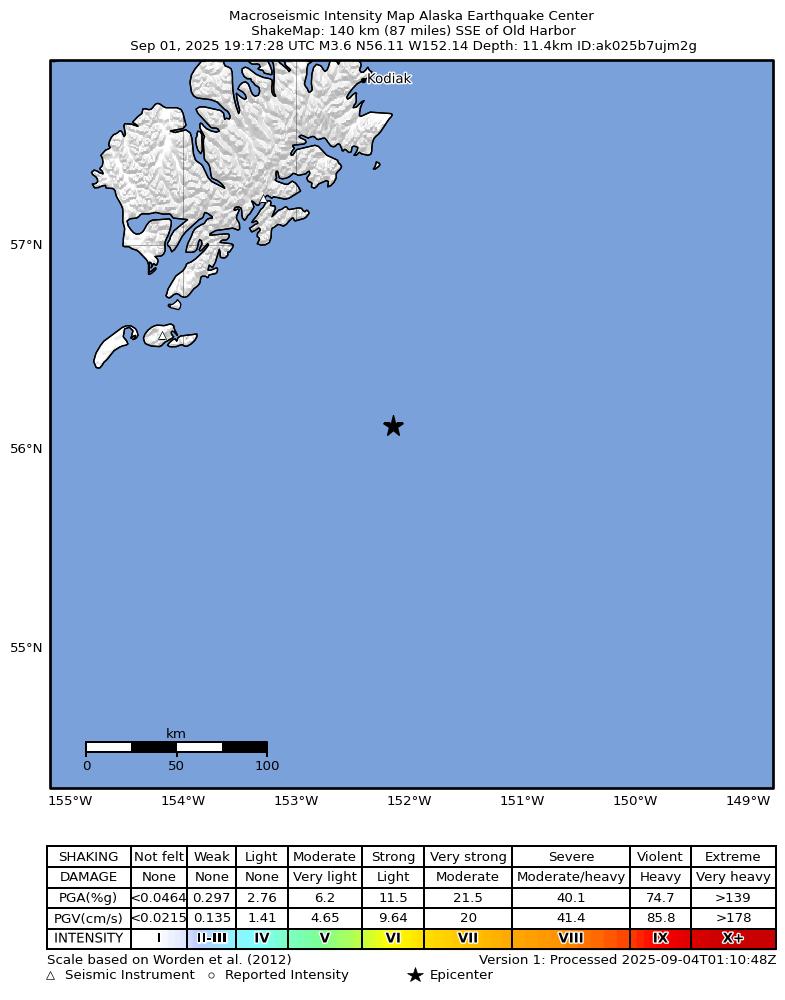 USGS ShakeMap: estimated shaking intensity around the epicenter