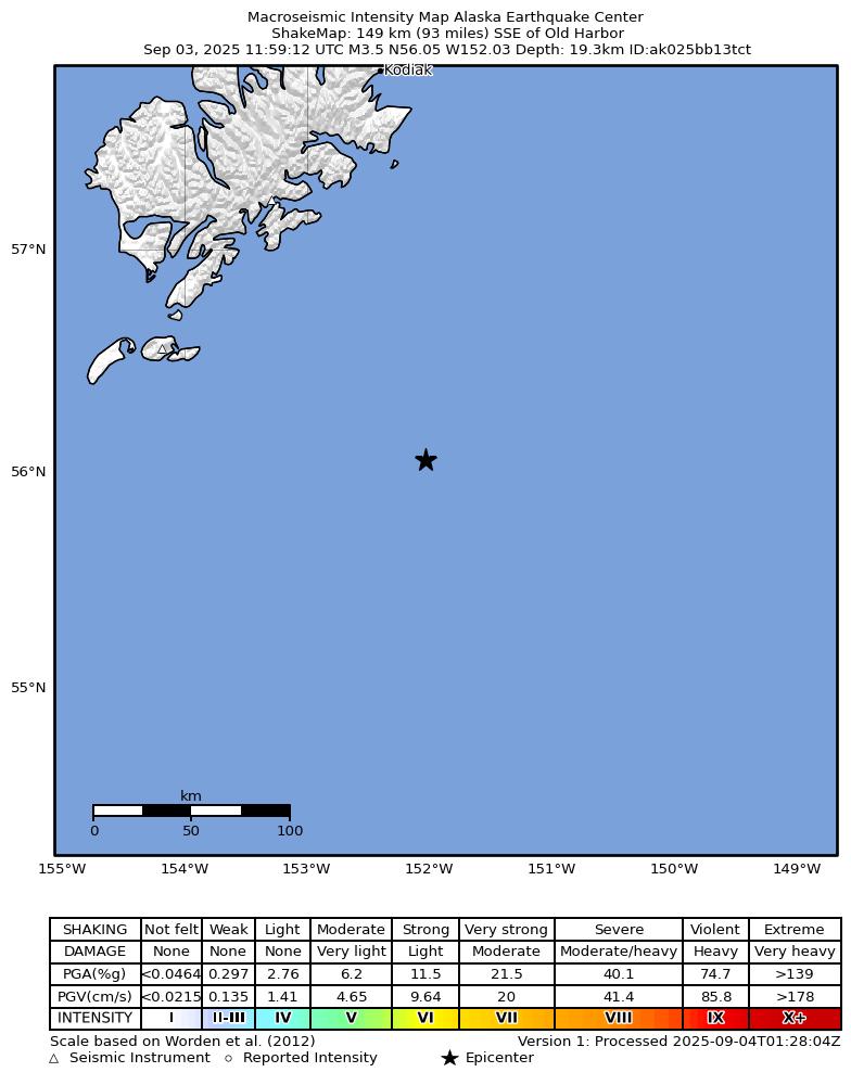USGS ShakeMap: estimated shaking intensity around the epicenter