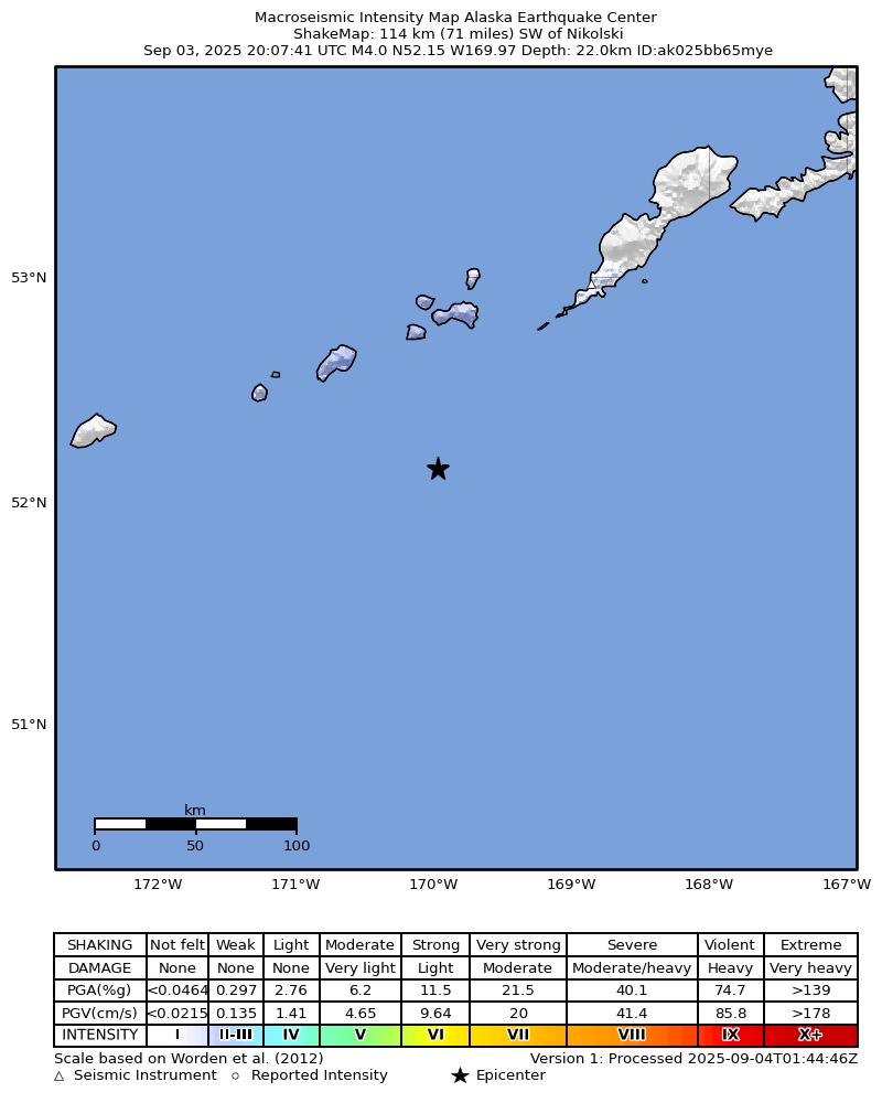 USGS ShakeMap intensity contours for the M4.2 earthquake near 114 km SW of Nikolski, Alaska