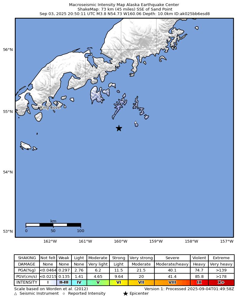 USGS ShakeMap intensity contours for the M3.9 earthquake near 115 km SSE of Sand Point, Alaska