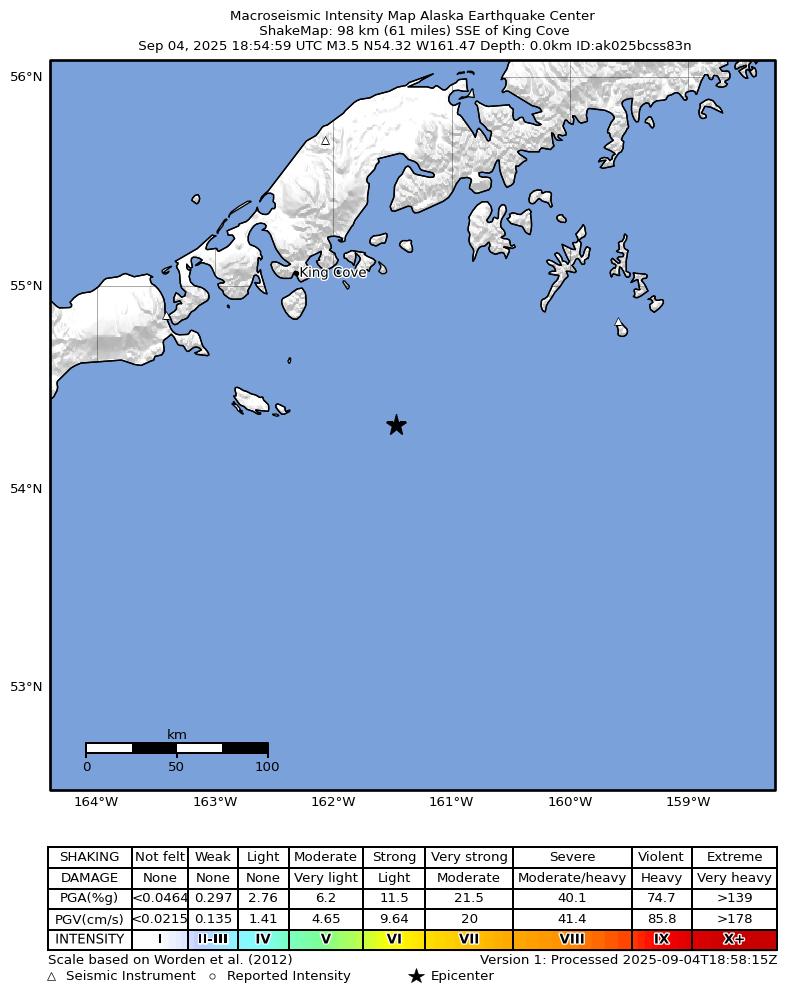 USGS ShakeMap intensity contours for the M3.7 earthquake near 91 km SE of King Cove, Alaska