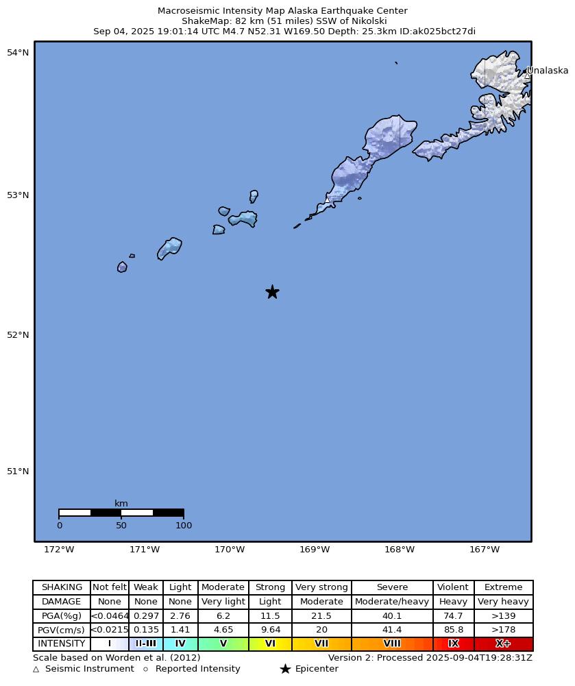 USGS ShakeMap intensity contours for the M5.2 earthquake near 94 km SSW of Nikolski, Alaska