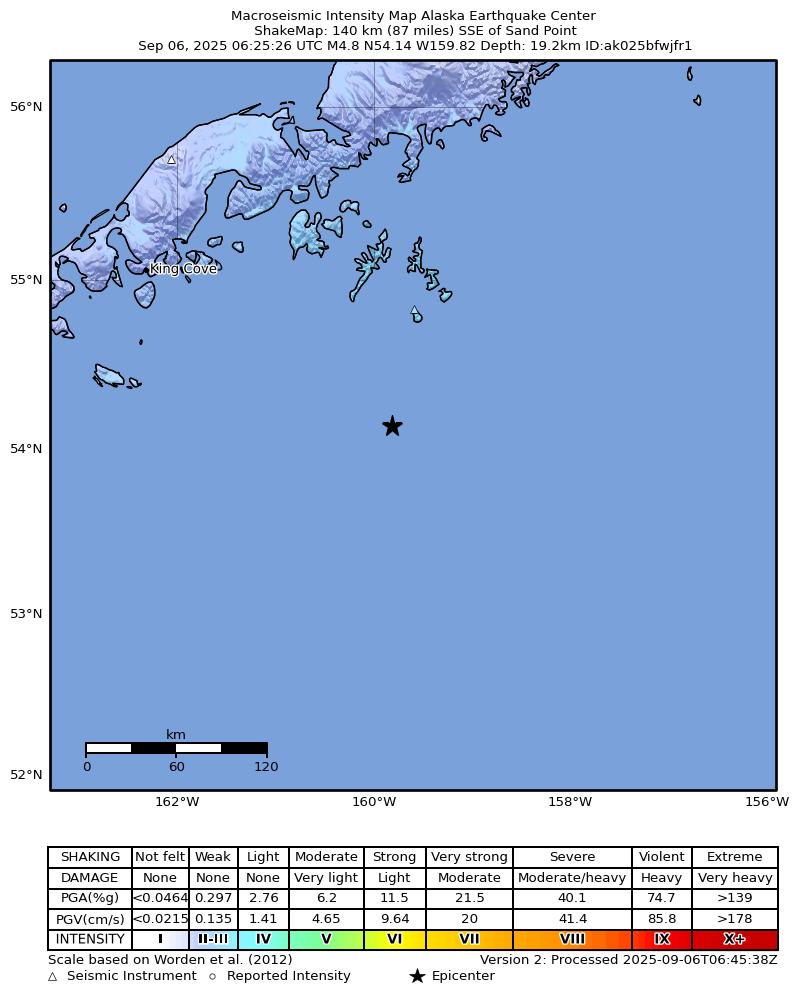 USGS ShakeMap intensity contours for the M5.1 earthquake near 141 km SSE of Sand Point, Alaska