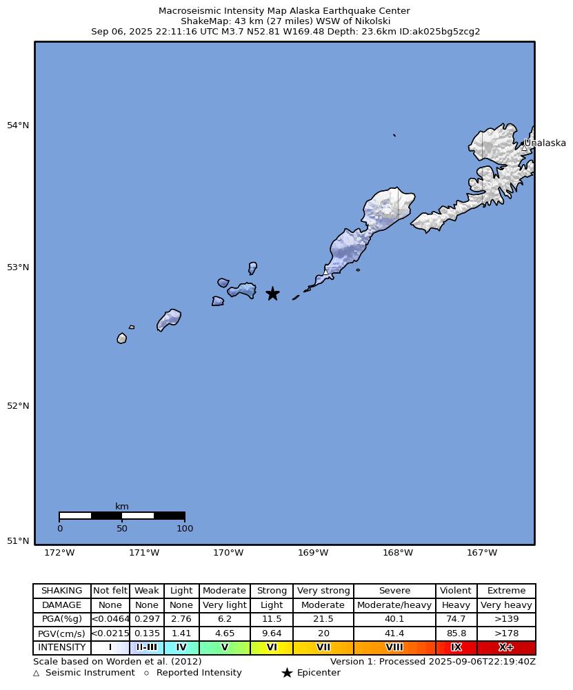 USGS ShakeMap intensity contours for the M4.4 earthquake near 87 km SW of Nikolski, Alaska