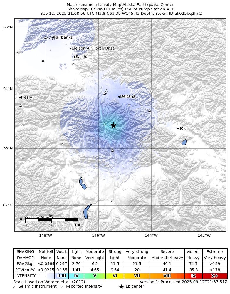 USGS ShakeMap intensity contours for the M3.8 earthquake near 34 km NNE of Paxson, Alaska